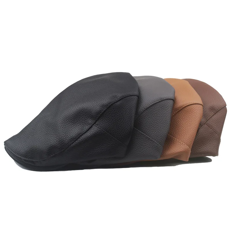 New Cold Weather Mens Caps Solid Faux Leather Berets Hats Outdoor Gorro Hombre Driving Ivy Hat Soft Warm Newsboy Cap For Dad