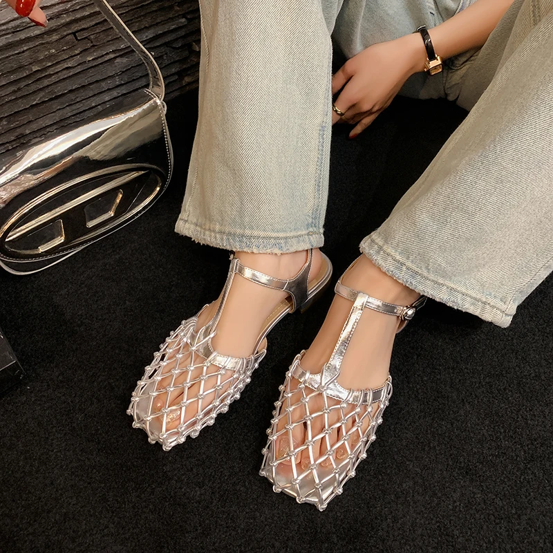 2024 Women\'s New Summer European and American Comfortable Leather Cowhide Hollow Bird\'s Nest Low Heel Baotou Roman Sandals