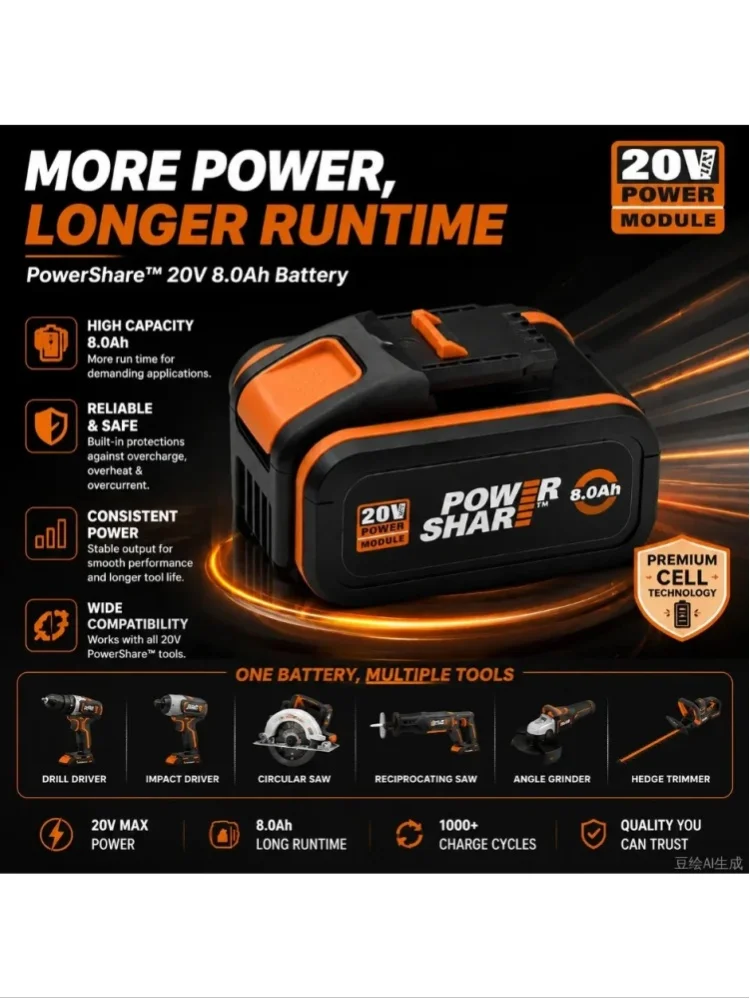 für WORX PowerShare Pro 20V 8,0Ah Lithium-Ionen-Ersatzakku, Hochleistungs-20-Volt-Akku, kompatibel mit allen WORX 20V PowerShare Akku-Elektrowerkzeugen, eingebautes Mehrfachschutzsystem