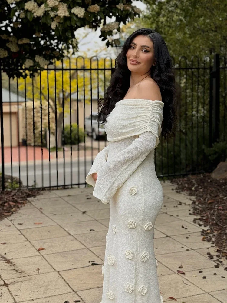 Elegancka sukienka maxi z odkrytymi ramionami, kwiatami 3D, dla kobiet, z długim rękawem, w jednolitym kolorze, dopasowana, na imprezę, do klubu, na wieczór, na studniówkę.