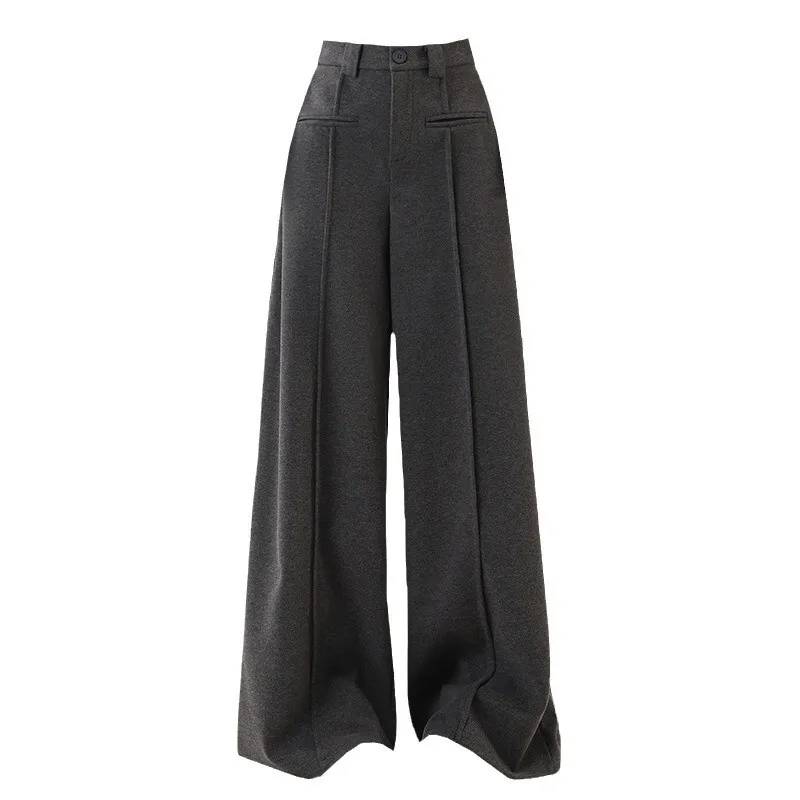 Women High Waist Wide Leg Pants 2025 Autumn Winter Fleece Lined Suit Pants High Waisted Slimming Wool Floor Casual Trousers