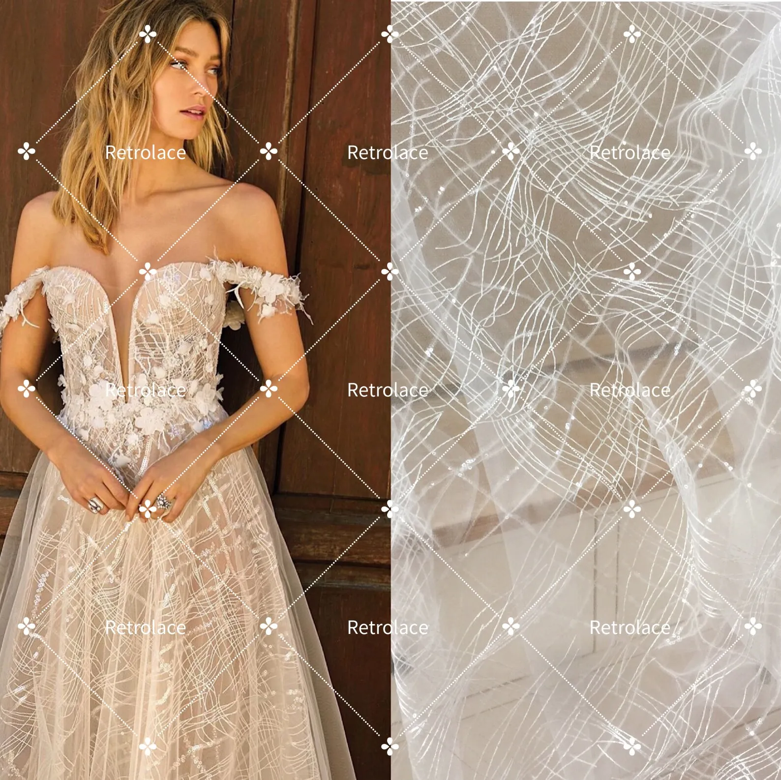 Clear squin wave tulle embroidery lace fabric for wedding gown lining , bridal veil lace fabric by yard