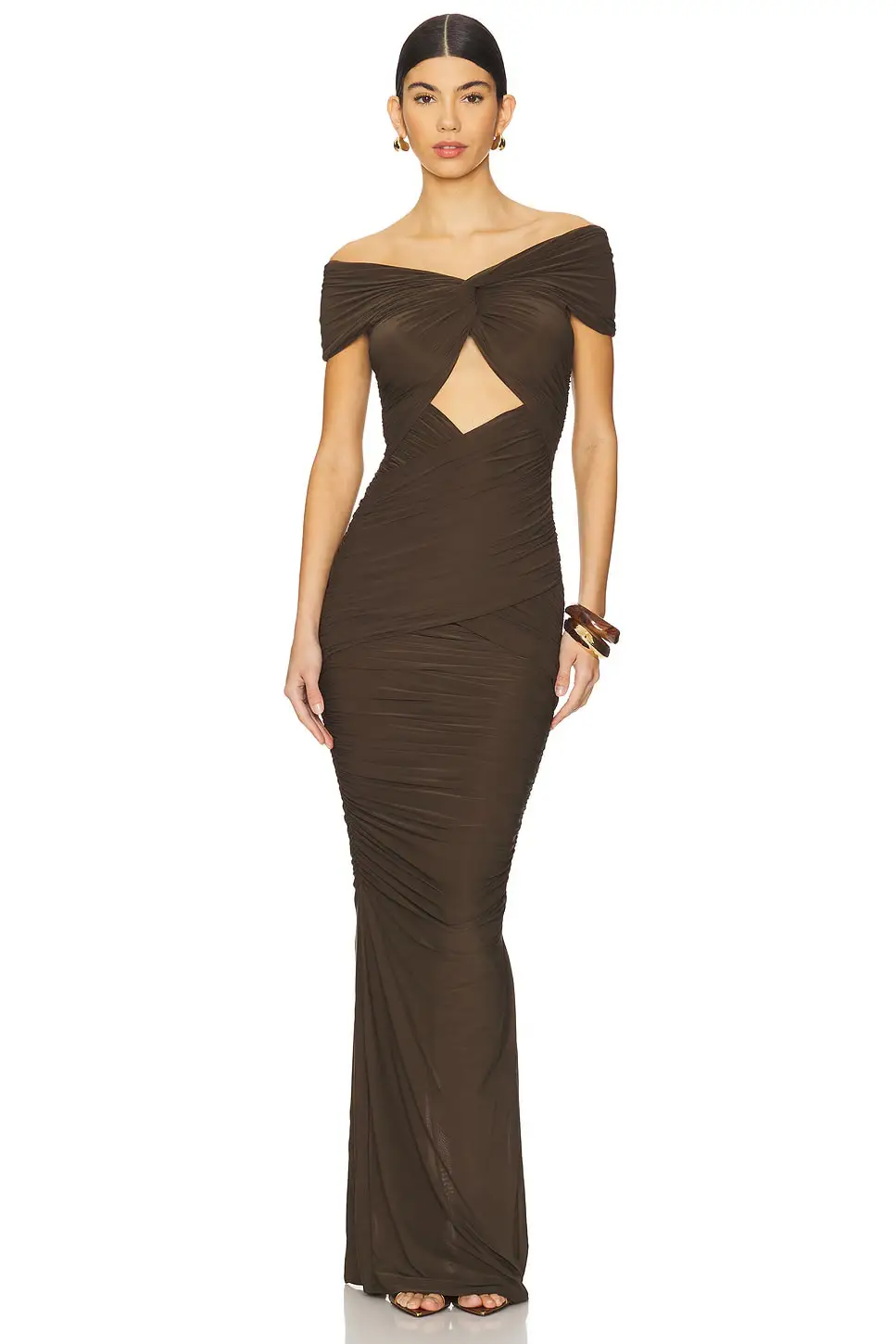 VC Sexy Fashion Brown Off-Shoulder Cut-Out Details Long Dress Galas Party Evening Gown