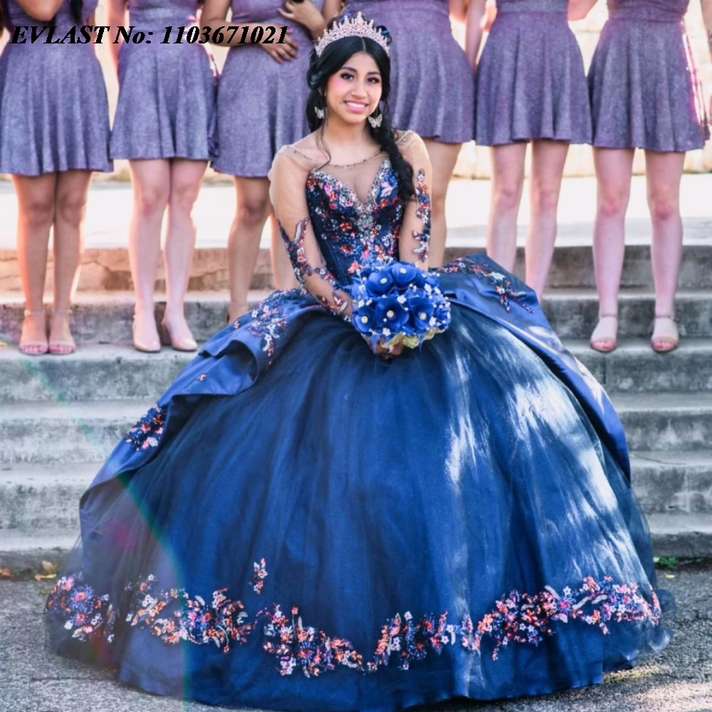 EVLAST Glitter Navy Blue Quinnceanera Dress Ball Gown Applique Beading Charro Mexican Corset Sweet 16 Vestidos De 15 Anos SQ499