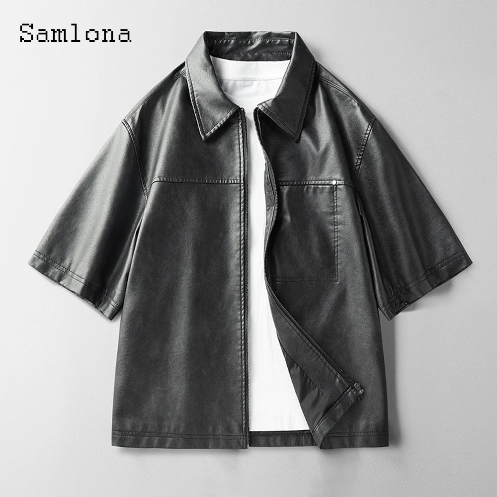 Men Short Sleeve Faux Leather Shirts Clothing 2025 Europe Fashion Pu Leather Blouse Basic Tops Mens Casual Notched Shirt blusas