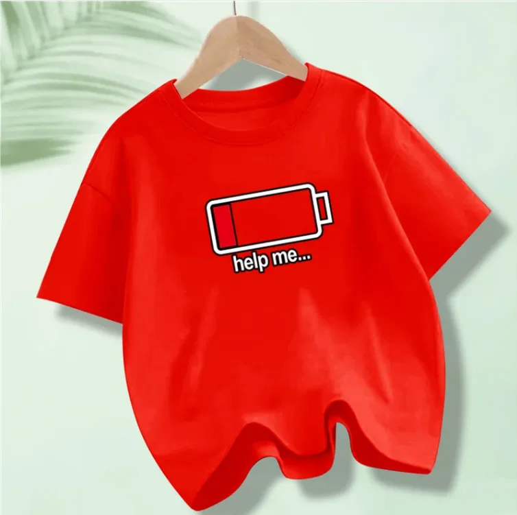 Leuke Batterij Energie Laag Help Me Bedrukt T-Shirt Voor Jongens Harajuku T-Shirt Kids 2024 Zomer Tee Tops