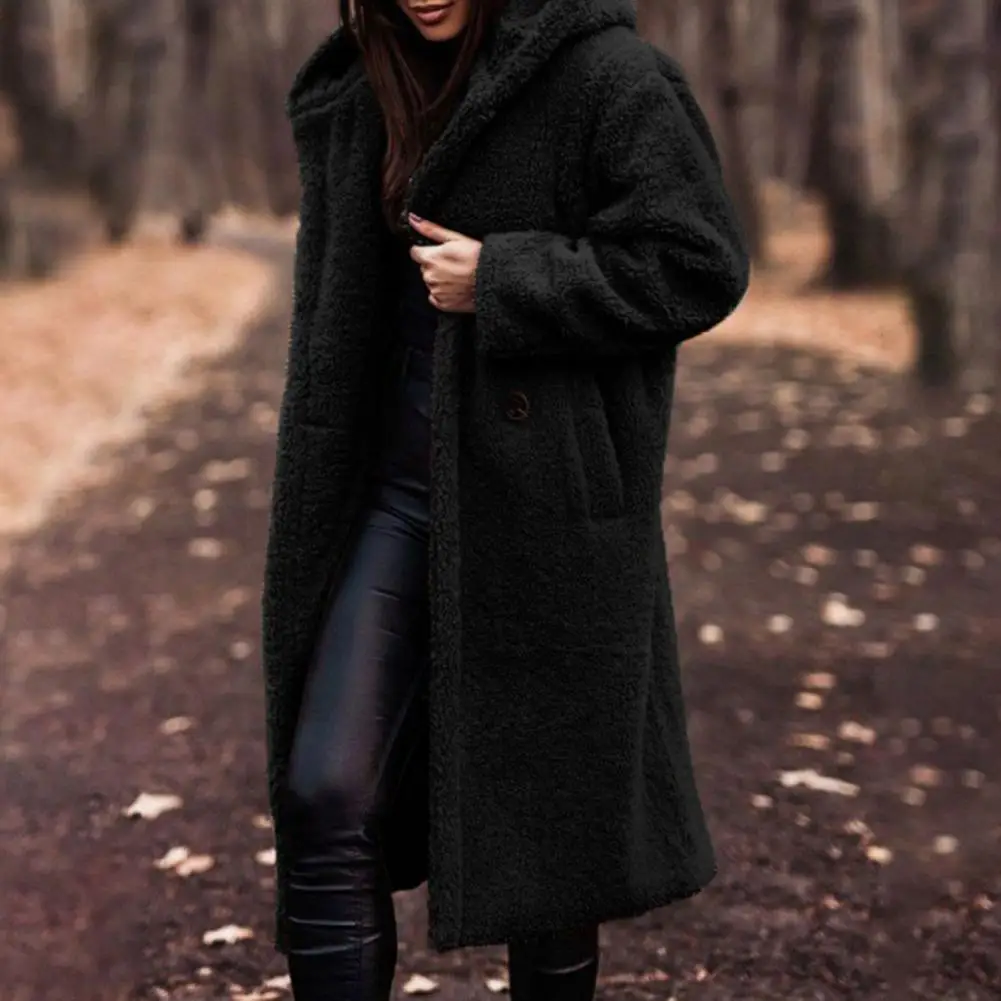 Women Long Coat Solid Color Hooded Coat Winter Autumn Single-Button Plush Coat Lapel Double Breasted Long Cardigan Female Top