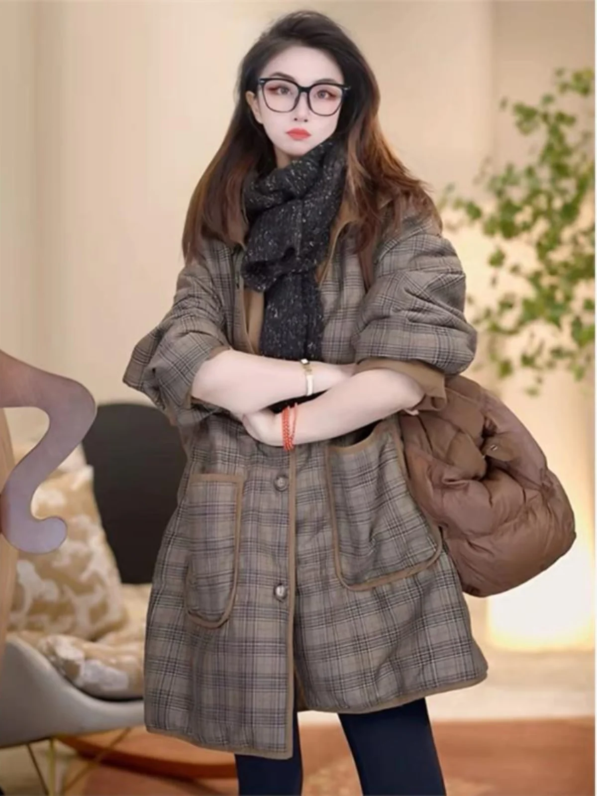 Retro casual versátil thiened solto dupla face usar algodão para baixo jaet feminino inverno novo design xadrez outerwear casaco