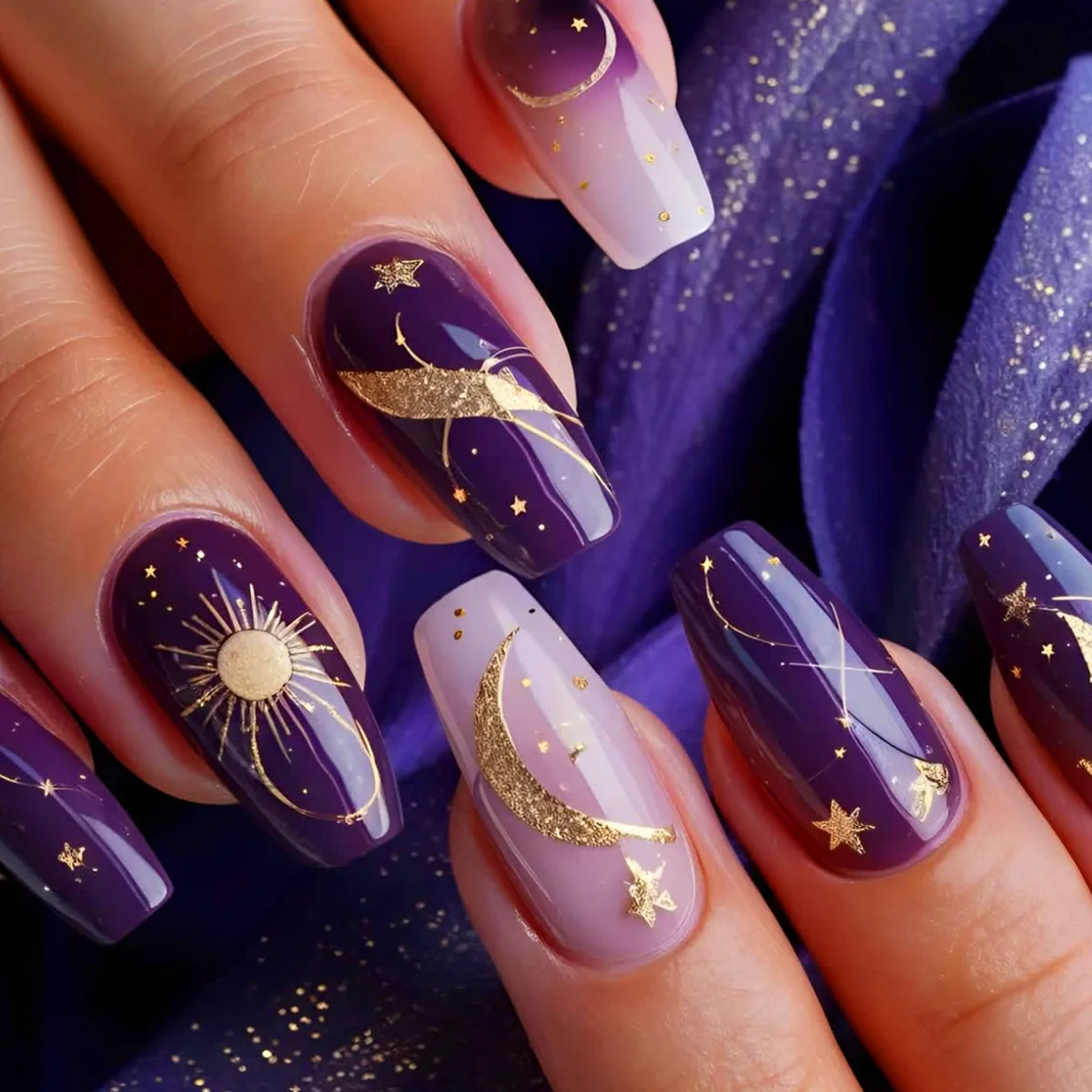 

24Pcs Mid-length Ballet Press on Fake Nails Purple Gradient Star Moon Sun Design False Nails Detachable Full Cover Nails Tips