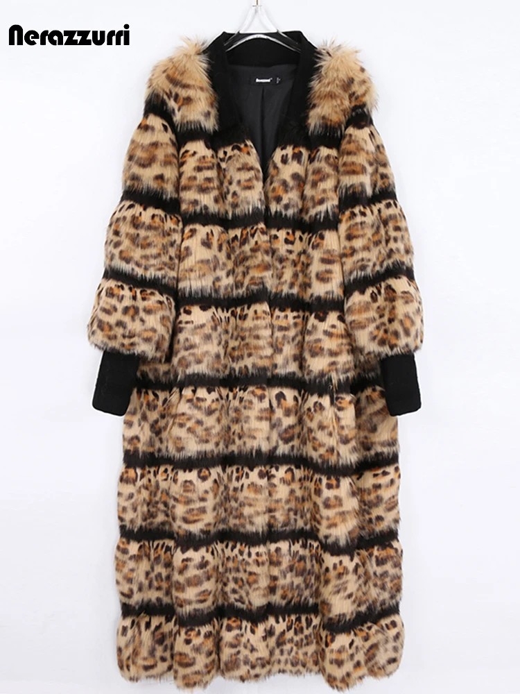 Nerazzurri Winter Long Striped Warm Leopard Soft Fluffy Hairy Faux Fur Coat Women Loose Luxury Designer Fashion 2021 Streetwear