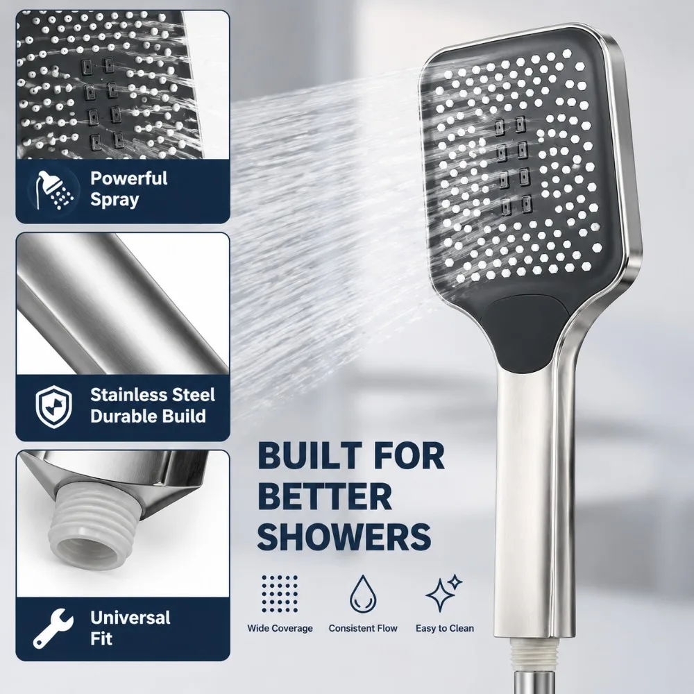 Adjustable 3 Modes Square Handheld Shower Head Chrome Plated High‑Flow Hand Shower Nozzle For Bathroom Shower Fixture