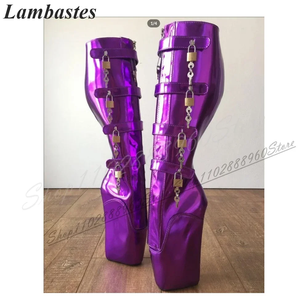 Knee High Metallic Purple Lock Strap Boots Strange Style Heel Women Shoes Cross Tied Round Toe 2024 Fashion Zapatillas Mujer