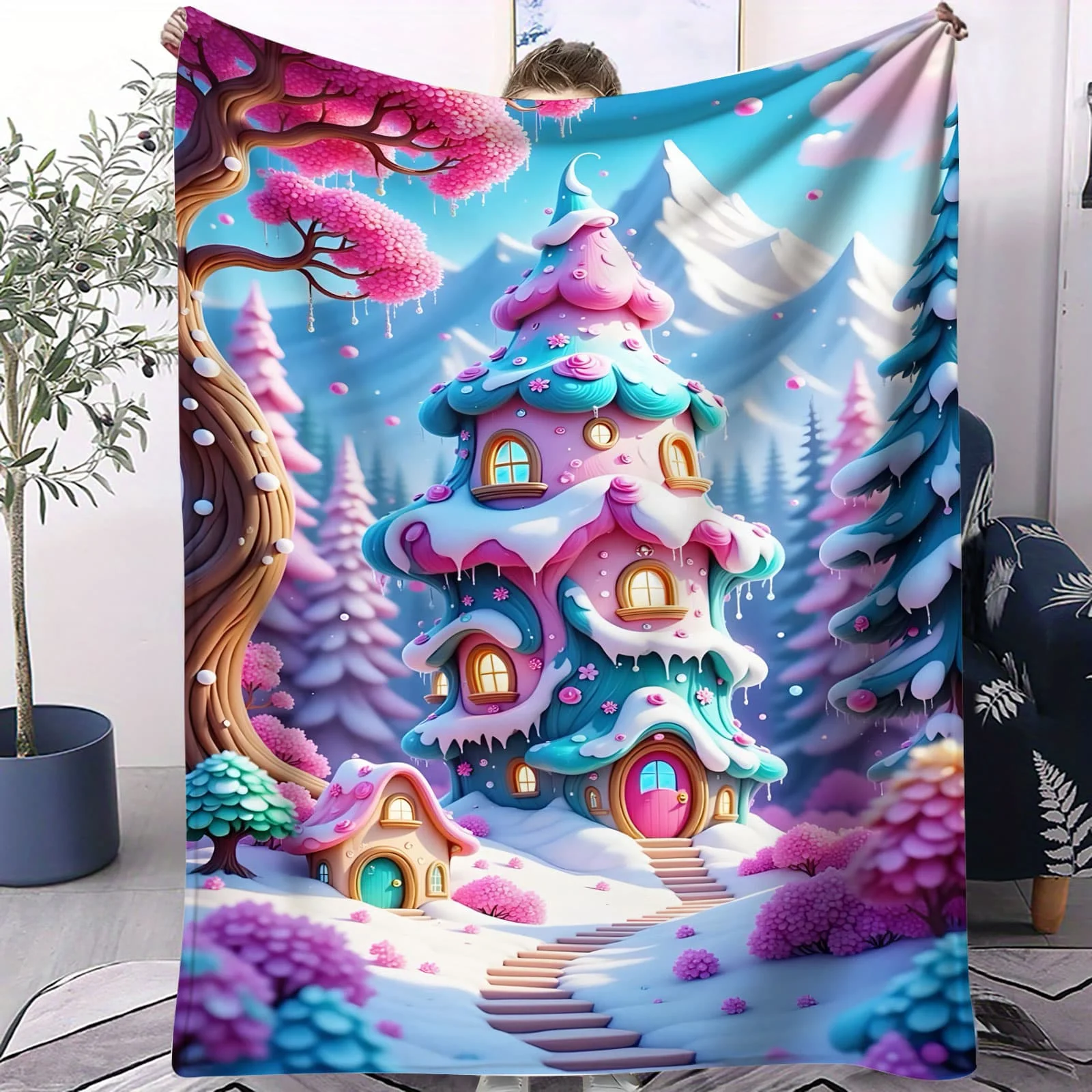 مسحور الليمون مانور كوخ والوردي والأرجواني الجليدية الجنية البيت بطانية قطيفة-Whimsical الخيال لينة رمي ل أريكة ديكور المنزل هدية #1