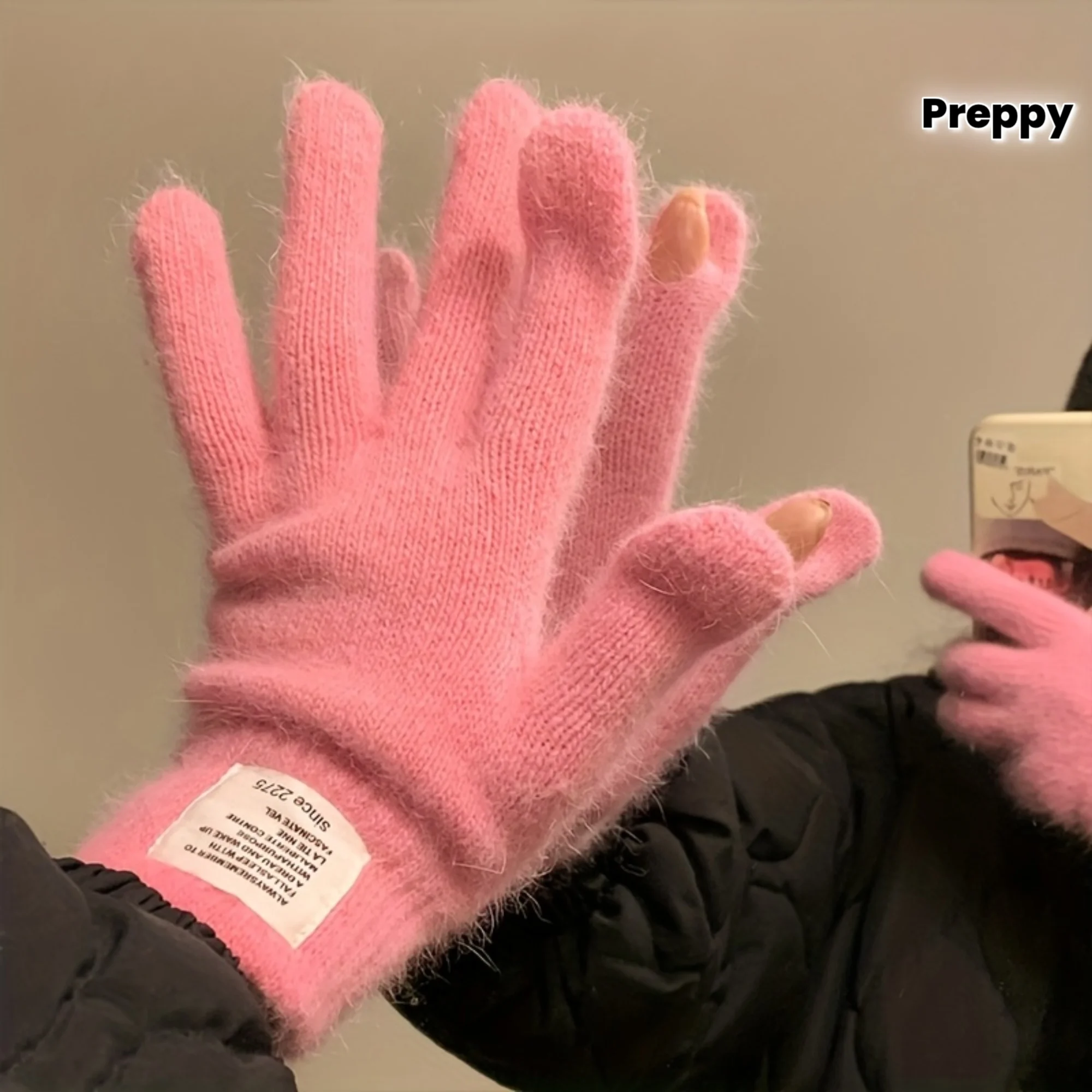 Einfarbige, verdickte Strickhandschuhe für Damen, Winter-Split-Finger-Touchscreen-Wolle für Studenten, Radfahren