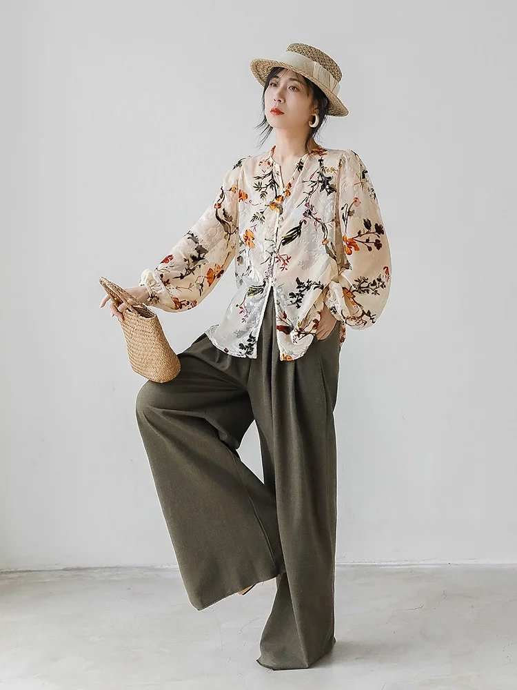 

Новая женская свободная футболка с цветочным принтом в китайском стиле, универсальный повседневный топ для весны и лета, с круглым вырезом, длинными рукавами, удобный крой