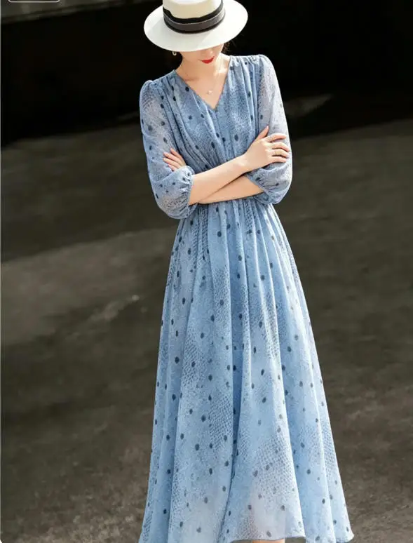MEXCOCO 2026 Summer New French Retro Pleated Waist Cinched V Neck Polka Dot Flared Chiffon Dress Women