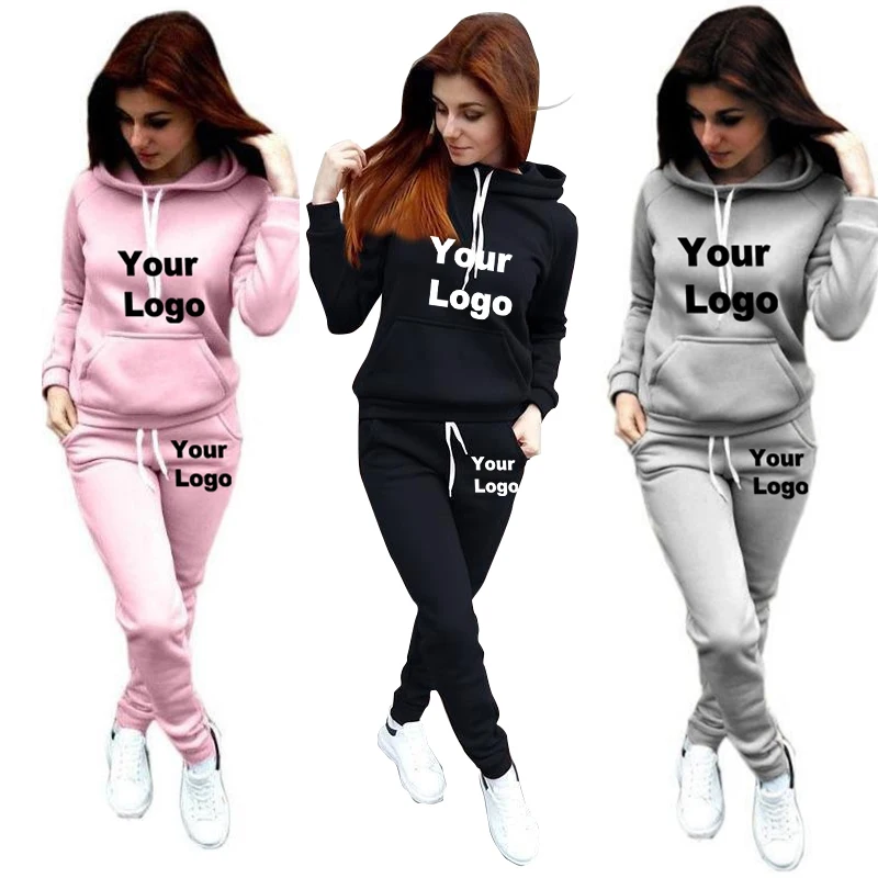 Custom Logo Two Piece Set Tracksuit Women Top+Pant Suits Hoodie Pullover Sweatshirt with Pockets Ensemble Femme Suit Sets