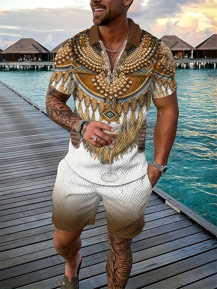 Summer Men's Fashion Polo Shirt Short Sleeve Shorts Set New Tribal Printing Casual Zipper Short Sleeve Shorts Two Piece Set