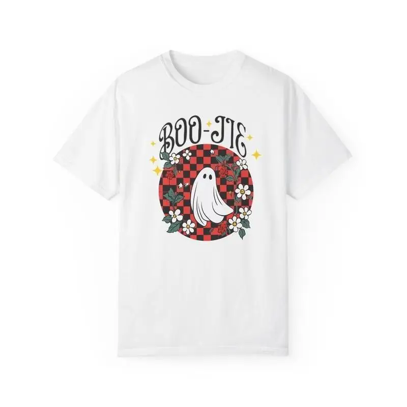 

Boo-Jie Ghost Checkerboard T-shirt Cute Floral Graphic Tee Spooky Y2k Aesthetic Halloween Casual Short Sleeve Top