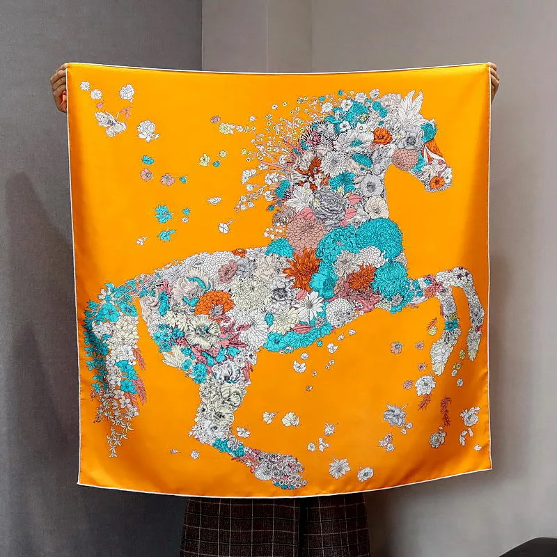 Pañuelo Cuadrado Grande de Seda de Morera 100% con Estampado Floral Naranja y Caballo Corriendo, Base Brillante, para Cuello y Cabeza, Chal, Bandana, para Mujer, Oficina, Viajes, Regalo