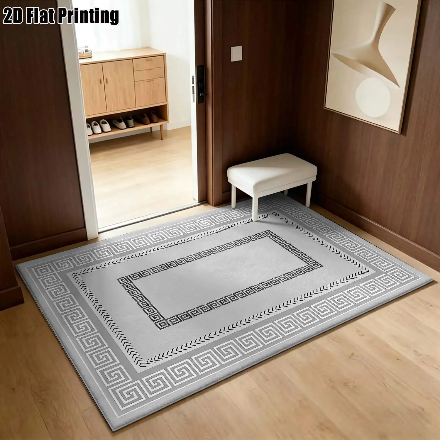 1Pc 2D Printed Grey-White Geometric Pattern Carpet: European Retro Modern Minimalist Style, Machine Washable, Multi-Size, Suitable for Home Decoration as Entrance, Foyer, Living Room, Bedroom, Dining Room Mat