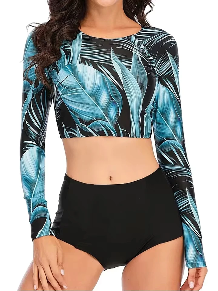 

Vzvn Sexy Sportswear Women Fashion Vintage Long Sleeve Swim Print Slim O Neck High Waist 2026 New Spring Summer Two Piece Suits