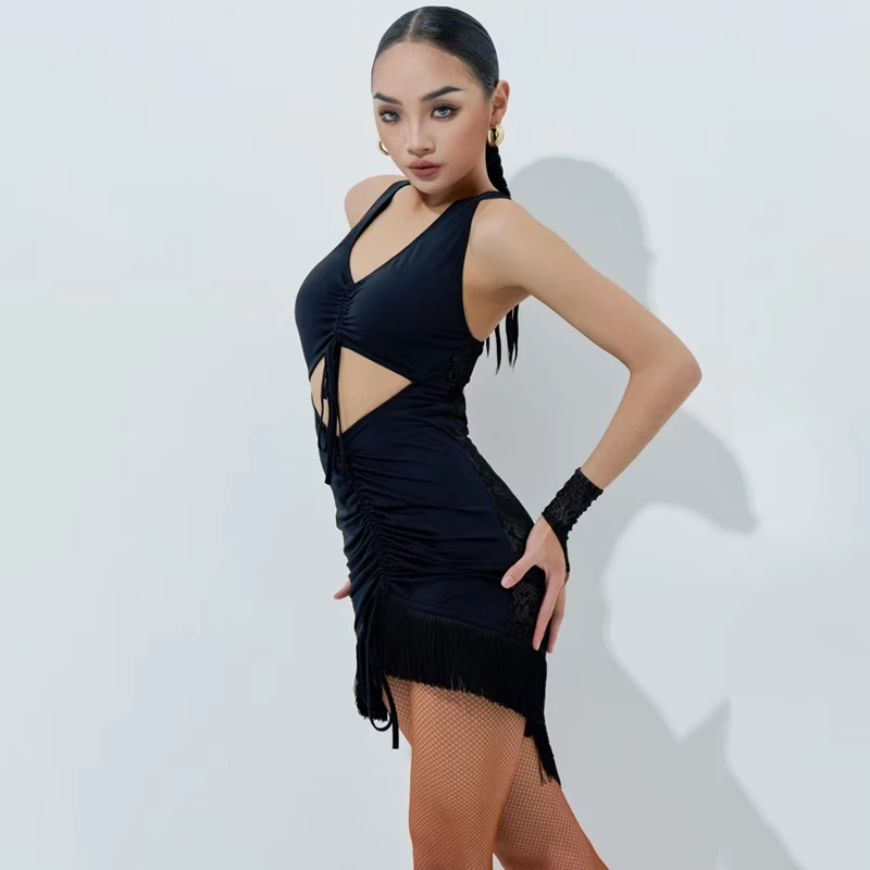 2025 high-end vestido de dança latina para mulheres sexy oco borla prática vestido adulto chacha rumba vestido de competição latina dqs18888
