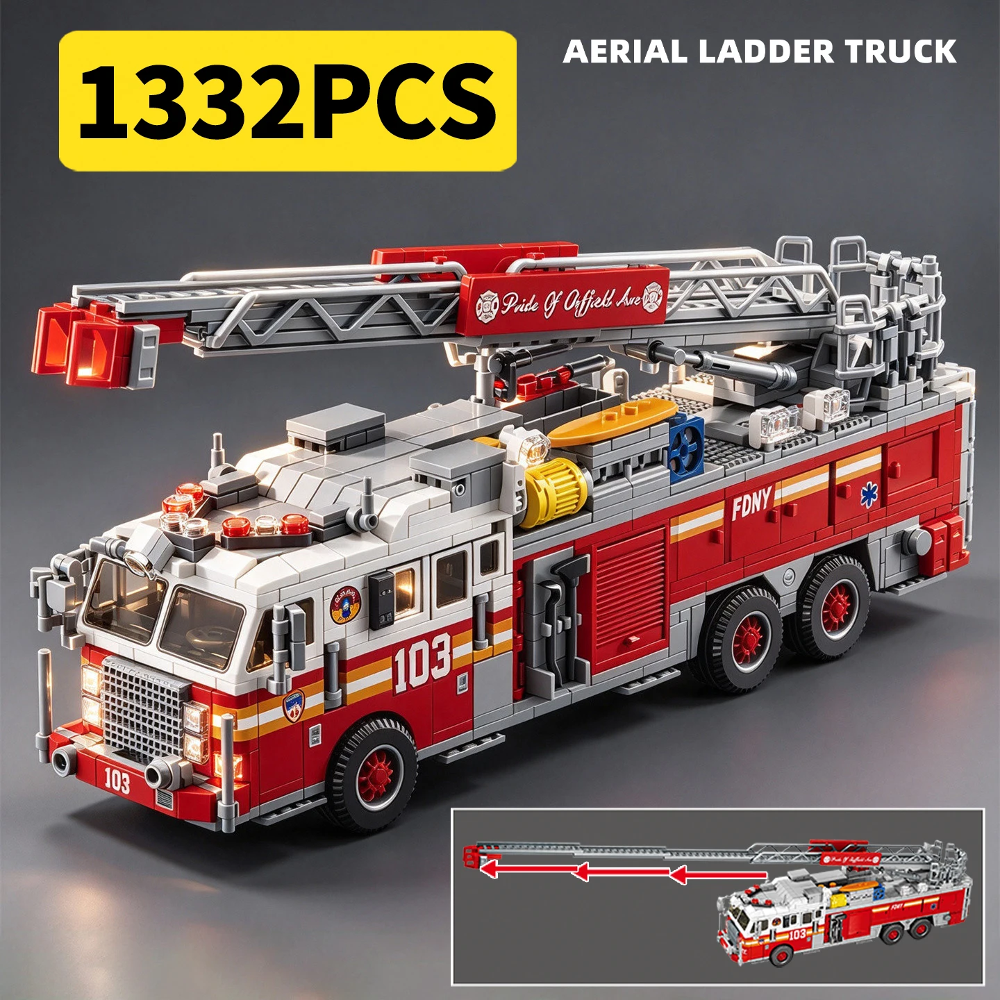 1332-Piece Extra-Large Fire Truck Toy Building Blocks Set: Firefighter City Car with Extendable Ladder Rescue Vehicle Display Mo