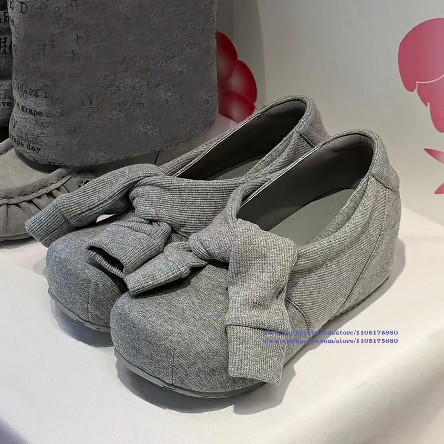 Grey Knit Fabric Big Bow Mary Jane Shoes Women Soft Ribbed Knit Slip On Comfort Casual Dress Flats ﻿Sandalias De Mujer Verano