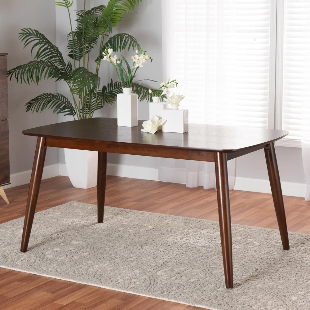Mid-Century Modern Walnut Brown Wood Dining Table Rectangular Top Six Indoor Use Angled Legs Assembly Required Elegant