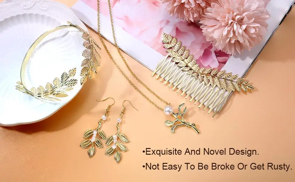 9 Pcs Greek Goddess Costume Accessories Set for Women Golden Laurel Leaf Crown Headband Upper Arm Coil Bracelet Pearl Leaf Dangle Earring Artificial Pearl Earrings Necklace Bridal Wedding