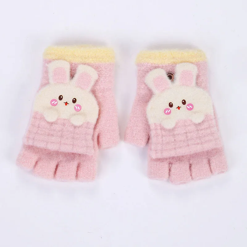 3-12 Years Kids Boys Girls Homework Gloves Cute Rabbit Ear Half Finger Flip Cover Winter Warm Gloves Knitted Cold-Proof Mittens