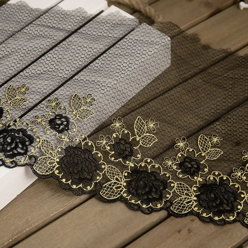 2yards Luxury Embroidery Flowers Gold Black Mesh Lace Fabric Trims for Wedding Dresses Head Veil DIY Sewing Supplies 23cm Wide