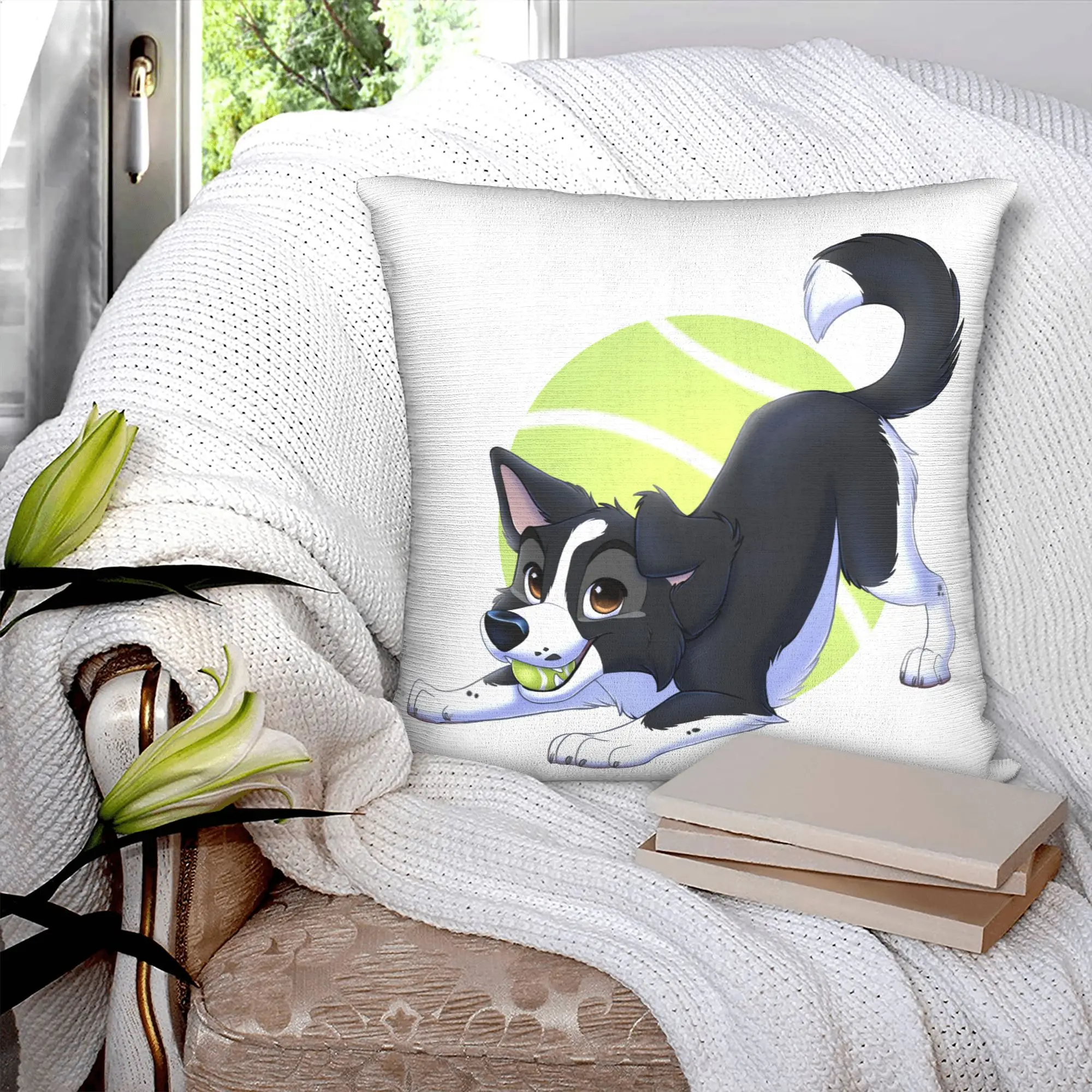Cartoon Border Collie Tennis Ball Modern Throw Pillow Cover Decoracion Salon Case Dog Lover Sofa Cushion