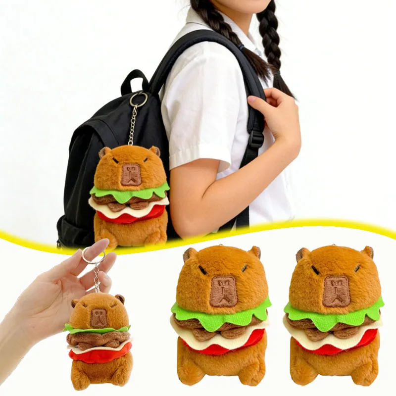 かわいいカピバラハンバーガーキーホルダーぬいぐるみ動物バックパックチャーム、女性用バッグ、財布、車の鍵、ノベルティアクセサリーギフト