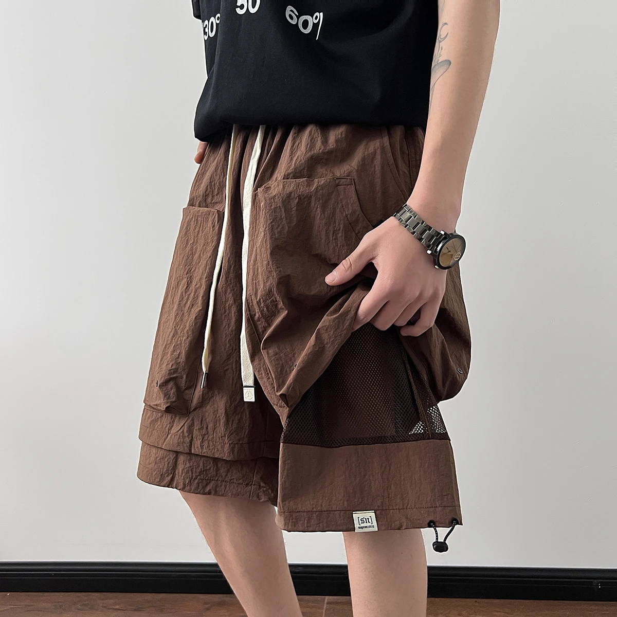 

Водонепроницаемый Qui Dry Five-Quarter orts, мужские летние свободные прямые брюки, искусственные двухсекционные американские горные широкие брюки, повседневные фу...