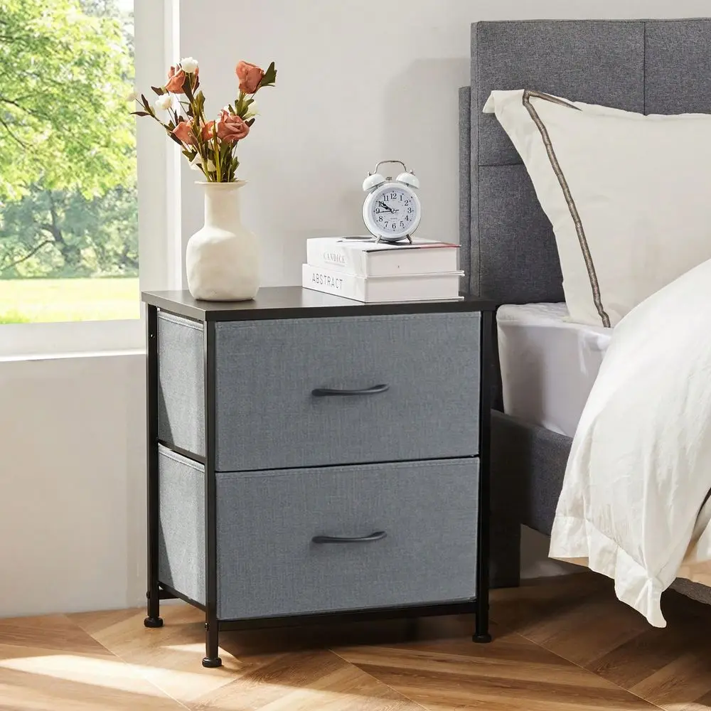 Nightstand With 2 Storage Drawers, 20 Height Small Bed Side Furniture End Table, Wooden Top Fabric Cabinet Kids Night Stand Min
