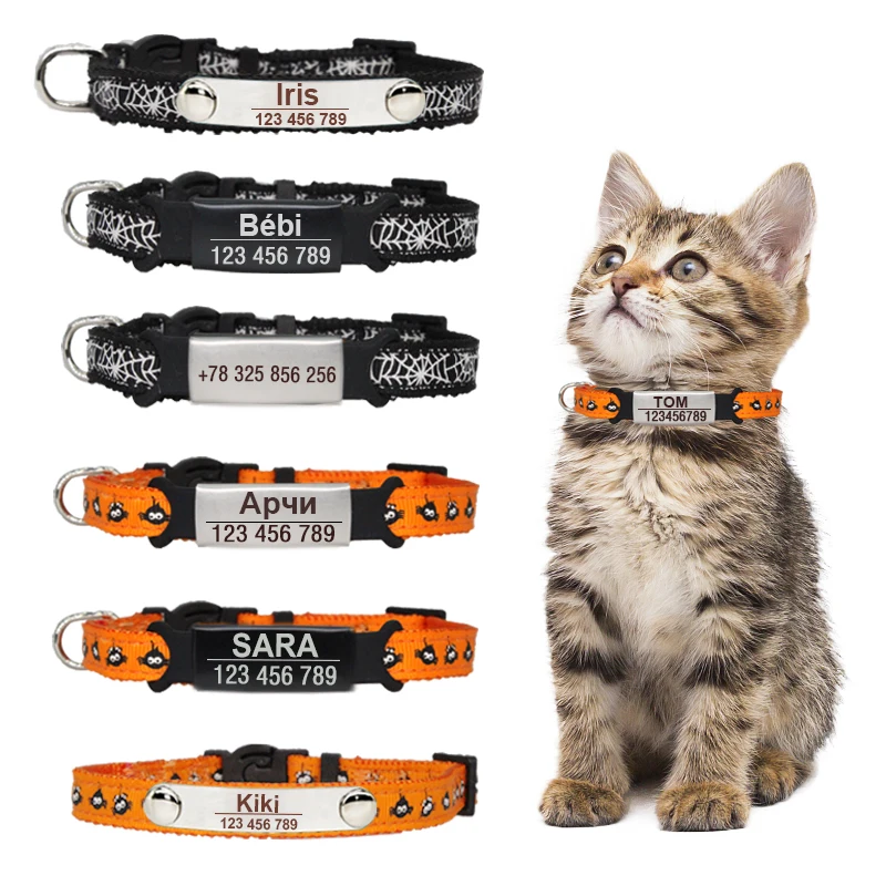 Personalized ID Halloween Cat Collar Customize Dog Collar Safety Breakaway Small Nylon Adjustable Puppy Necklace