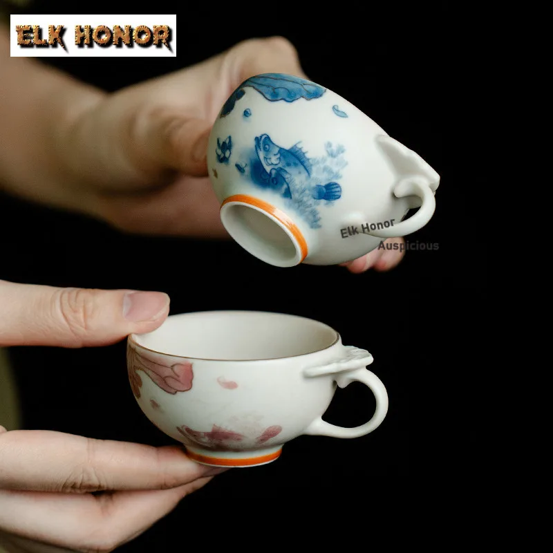 55ml Gold Drawing Pure Hand-painted Red Fish Algae Teacup Tea Bowl Single Cups Tea-tasting Personal Cup Chazhan Master Cups Gift
