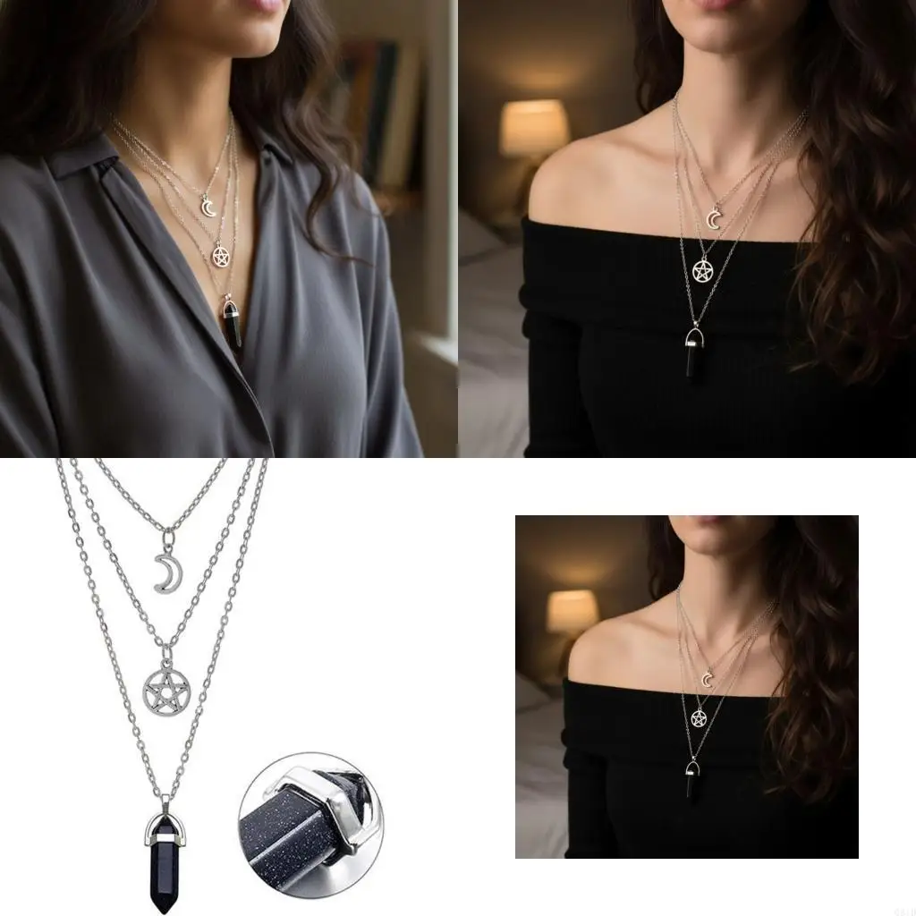  Hexagonal Agate Necklace Triple Layer Sun Moon Crystal Pendant Jewelry For Women