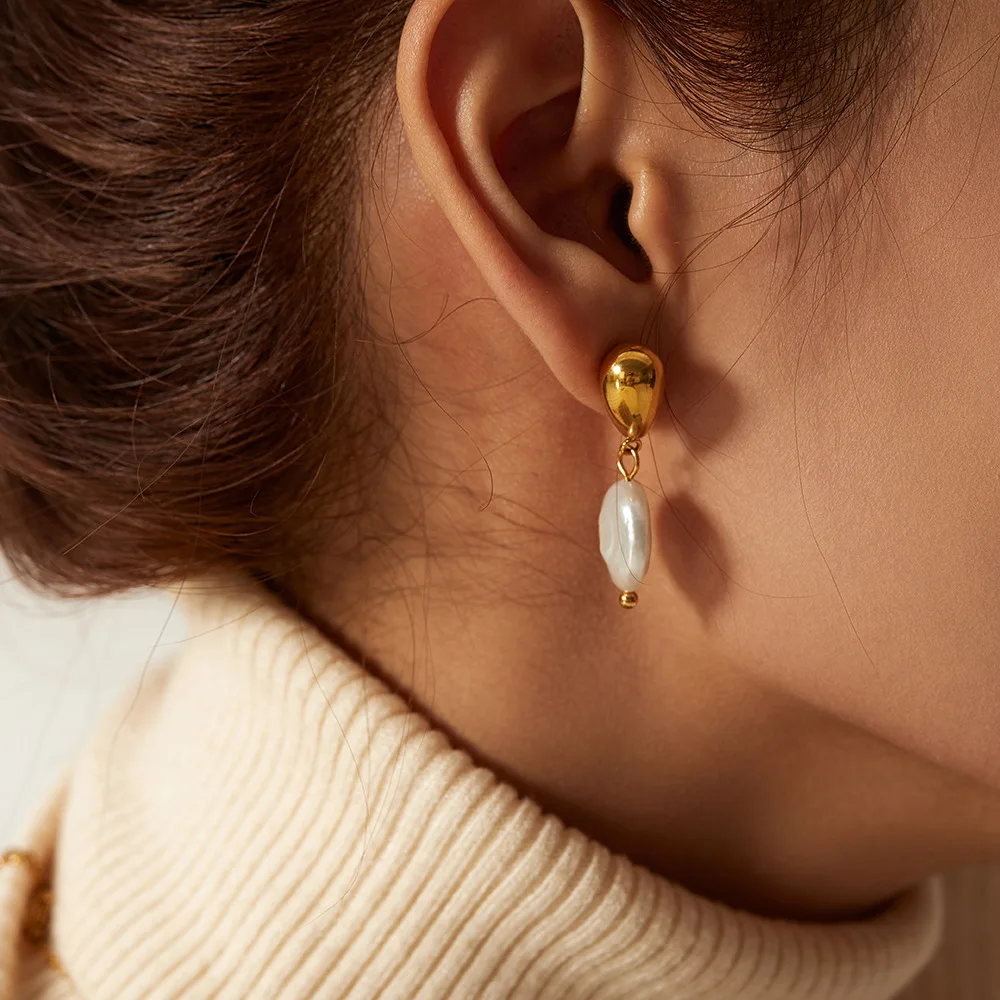 

Stainless Steel PVD 18K Gold Plated Tarnish Waterproof Baroque Pearl Drop Earrings For Woman Jewelry Wholesale Trendy