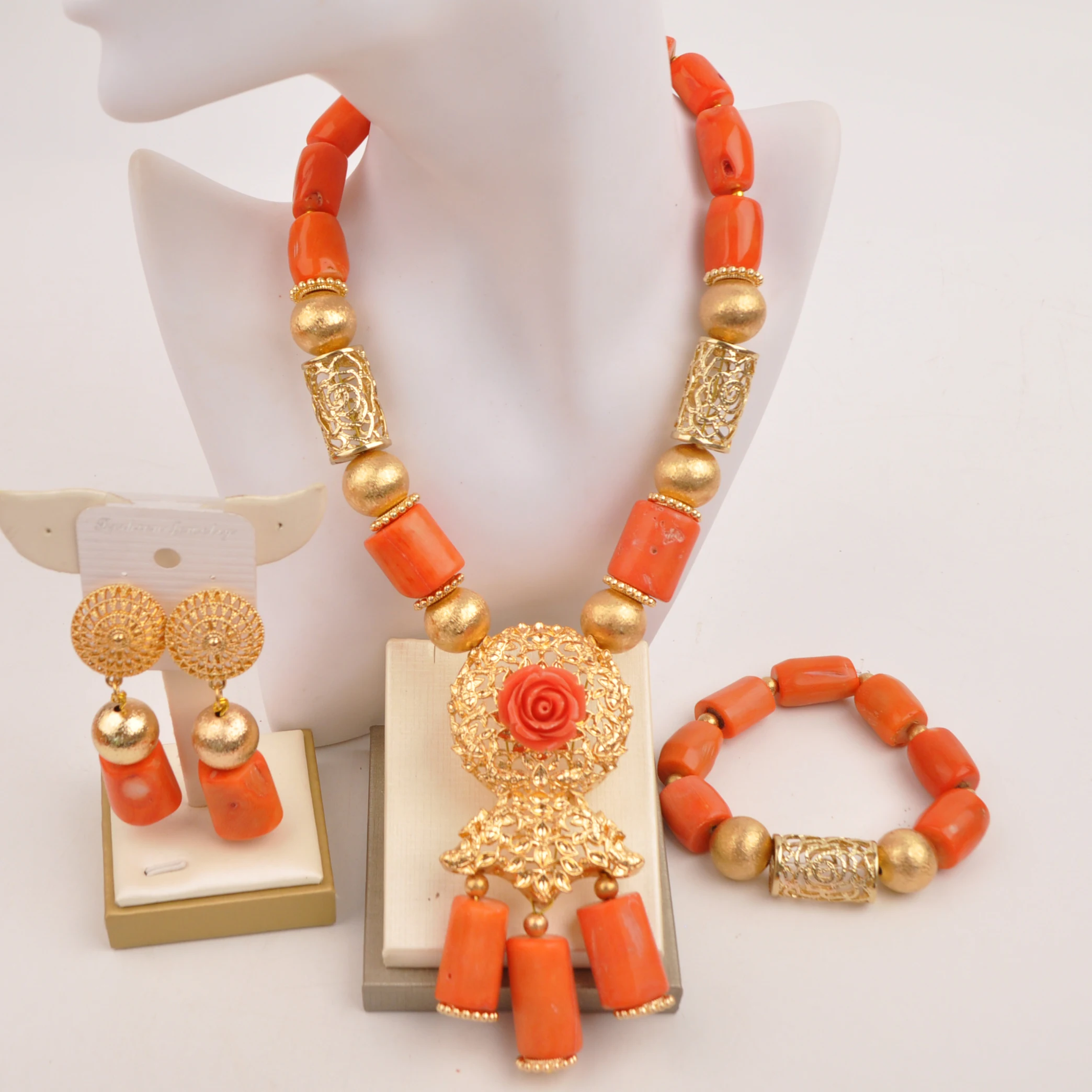 

Nigerian Wedding African Beads Orange Original Coral Jewelry Sets