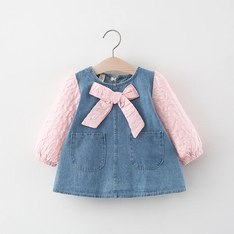 New In Spring Autumn Toddler Girl Clothes Korean Cute Bow Long Sleeve Denim Princess Newborn Baby Dresses Kids Dress BC2410-1