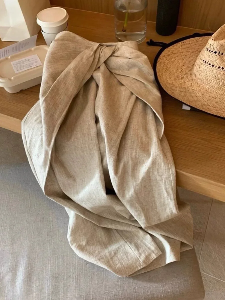 High Waist Asymmetrical Knot Oaeal Linen Skirt Women's Midi Skirt Non-Stand Twist Design Versatile Sle Spring Season