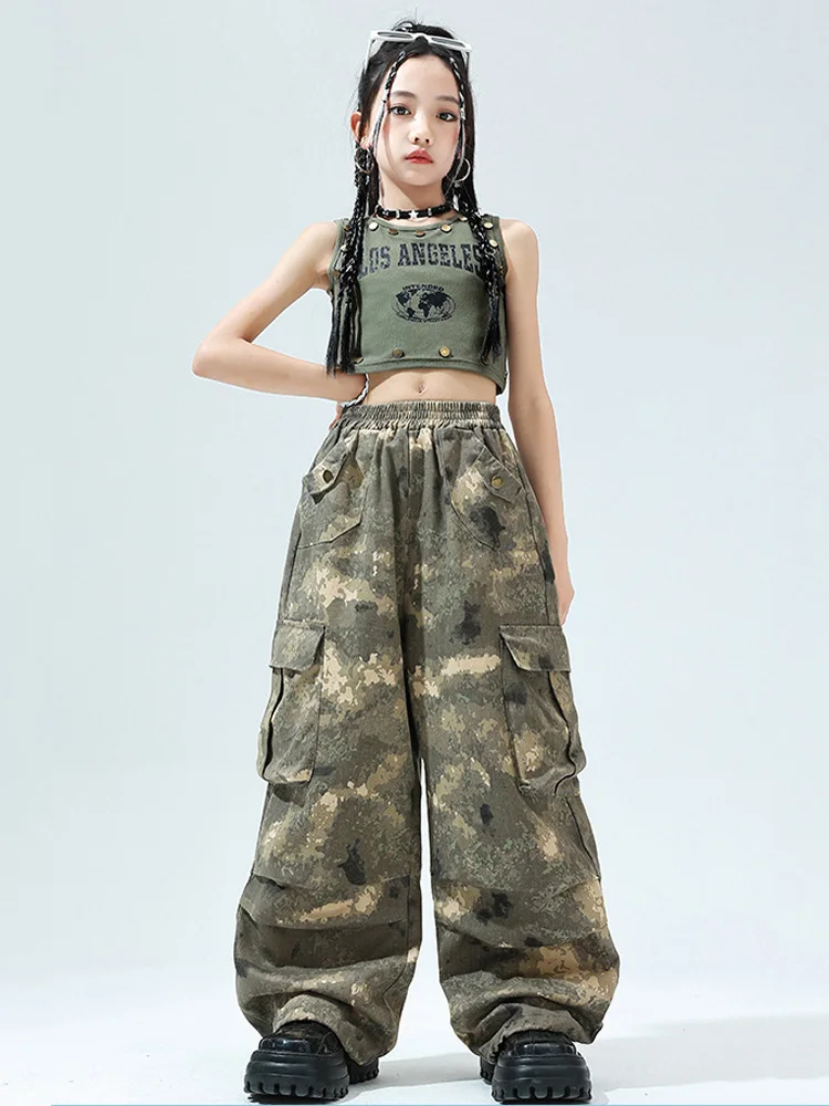Costume de danse Jazz Hip Hop pour filles, haut court taille haute vert/rouge/noir, pantalon de Camouflage coréen