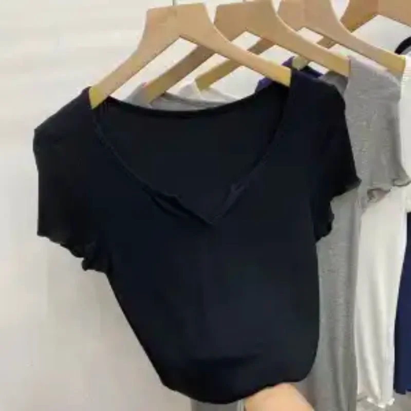 Women's White V-Neck Ribbed T-Shirt Short Ruffled Sleeve Slim Fit Casual Daily Basic Top Multiple Colors