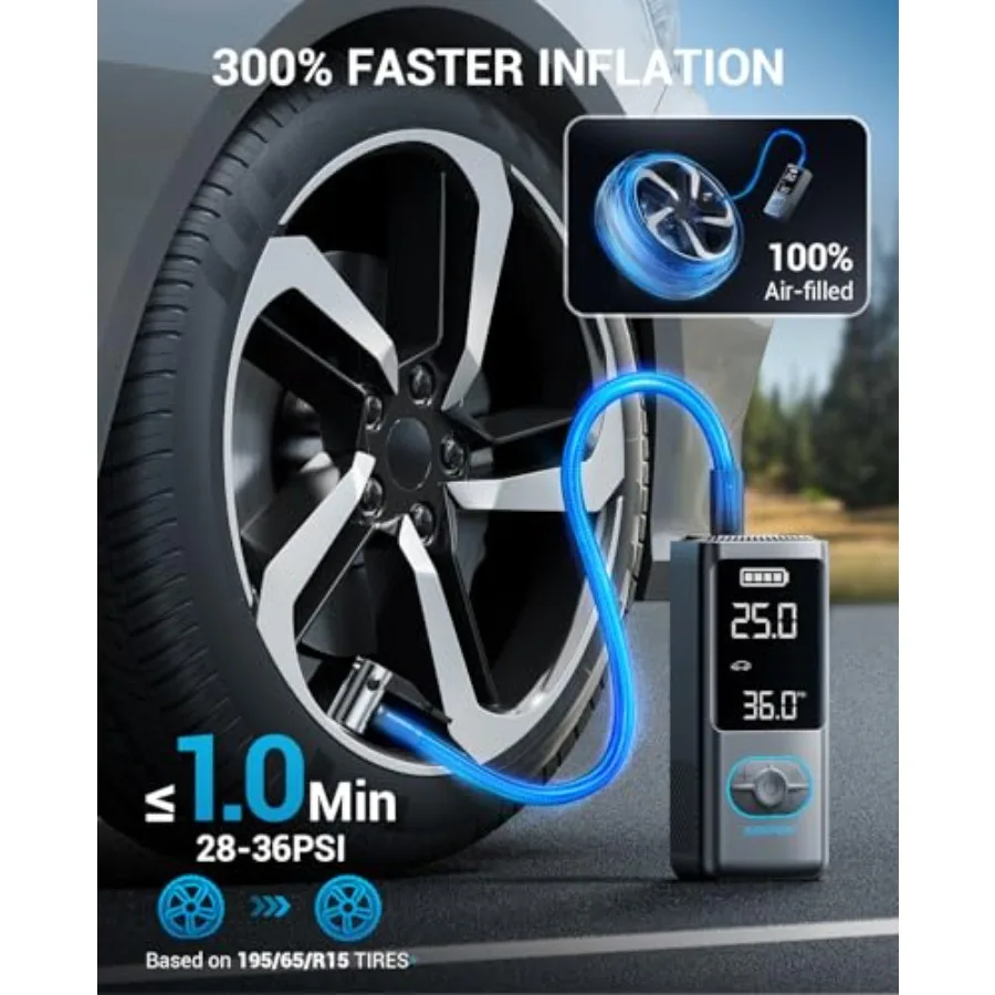 منفاخ إطارات محمول مع ضاغط هواء لاسلكي 150 رطل لكل بوصة مربعة ومقياس ضغط مدمج لتضخم إطارات السيارة في حالات الطوارئ