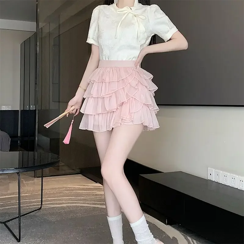 Summer Super Sweet Fashion Freshness Irregular Flanged Lace Gauze Short Skirt 2024 New High Waist Slimming Pompadour Cake Dress