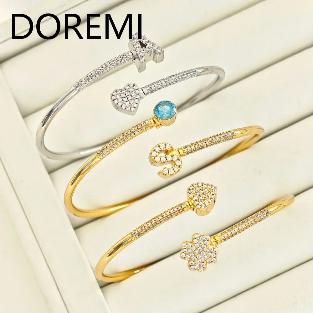 

DOREMI Crystal Zircon Heart Charms Stagger Initial Letter Women Custom Initial Bangle Bracelet