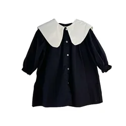 Girl Cotton Dress 2023 New Long Sleeved Toddler Baby Sigle Breasted Bow Black and White Dresses for Young Children Kids Clothes